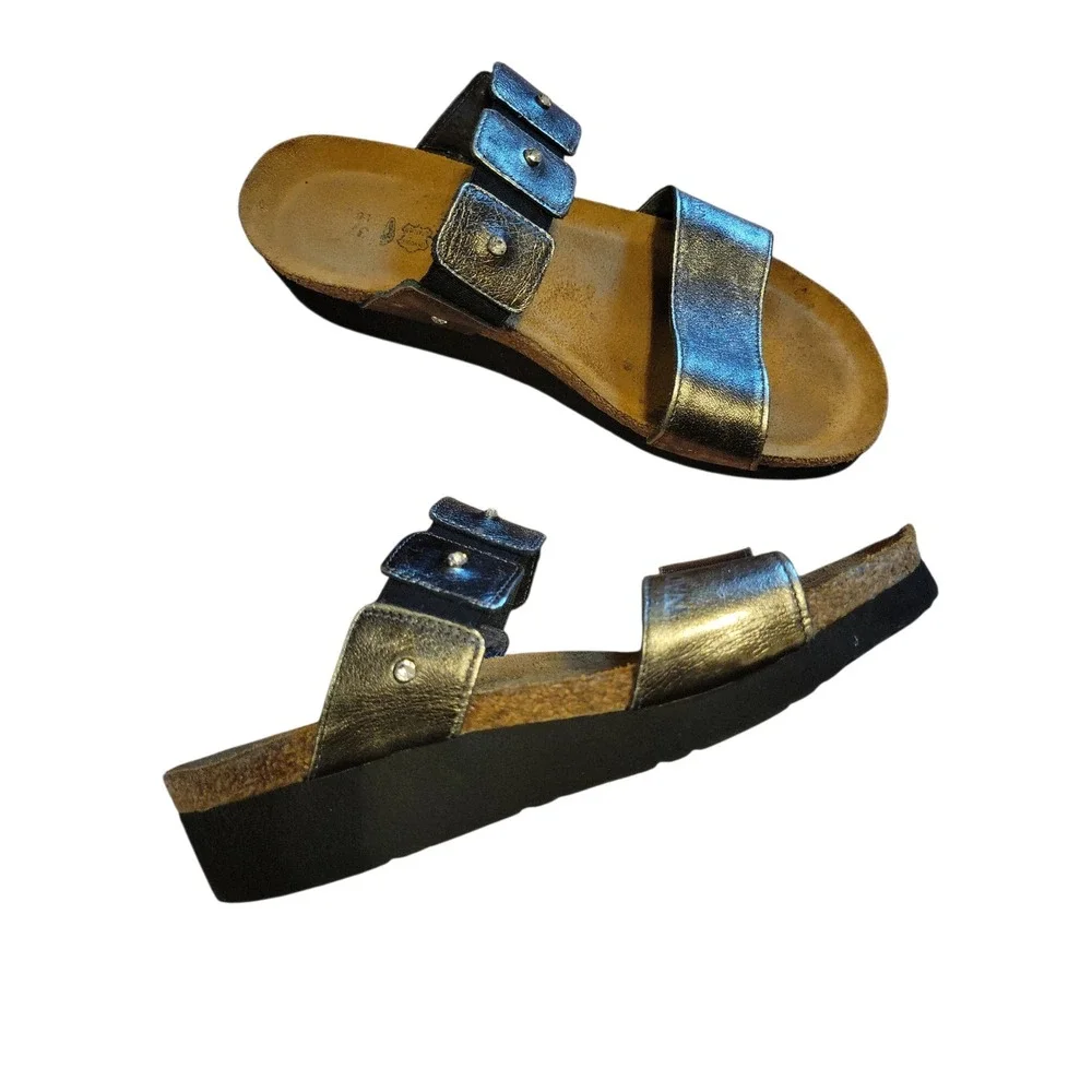 Naot Womens EU 37 US 6.5 Pewter Leather Rhinestone Band Platform Sandals Comfort